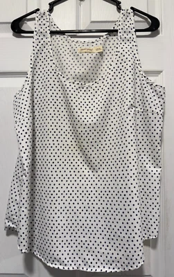 FADED GLORY top shirt blouse L 12 Bust 40 Length 27 White Navy Blue Polka Dot - Image 1 of 2