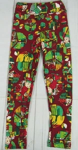LuLaRoe Kids Christmas Leggings Maroon with Green & Red with Elves Size S/M New - Picture 1 of 3