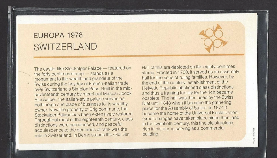 SWITZERLAND 1978 FIRST DAY COVER EUROPA AND CARD STOCKAPLER PALACE BRIG  - Image 1 of 1