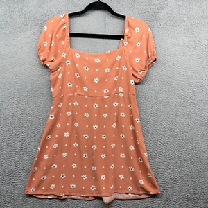 O'Neill Womens Mini Dress Orange Floral Short Sleeve Square Neck Smocked Size M - Picture 1 of 12