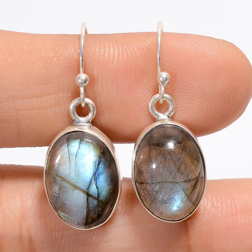 Blue Flash Natural Labradorite Gemstone 925 Sterling Silver Dangle Earrings Gift - Image 1 of 4