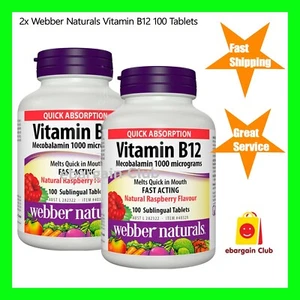 2x Webber Naturals Vitamin B12 1000mcg Raspberry 100 Sublingual Tablets eBC - Picture 1 of 2
