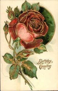 Postal de cumpleaños vintage de saludos de cumpleaños rojo oro rosa c1910 - Imagen 1 de 2