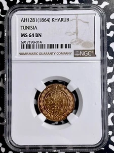 AH 1281 (1864) Tunisia 1 Kharub NGC MS64BN Lot#G9796 Choice UNC! - Picture 1 of 3