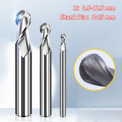 R0.5-R12.5 Ball Nose End Mill Cutter 2 Flute M2-AL HSS Milling Router Bit Tool - Image 1 of 4
