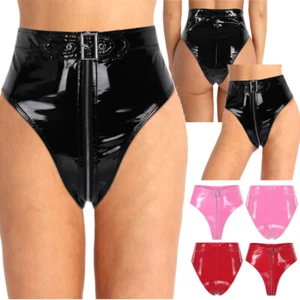 UK Women Wetlook PVC Leather Briefs High Cut Belted Zipper Hot Pants Boxer Thong - Picture 1 of 35