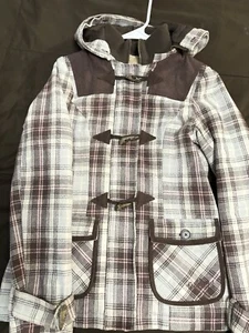 Billabong Women’s Med Plaid Coat Brown Gray Pink Zip Toggle Jacket Hood Vtg - Picture 1 of 16