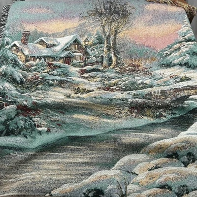 Vtg Mohawk Home Winter Scene Tapestry Throw Blanket Cottage House Snow 48"x55" - Image 1 of 4