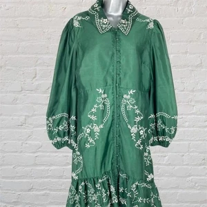 Monsoon grün bestickt Midikleid Größe 10 Kragen Knopfleiste Langarm - Bild 1 von 9