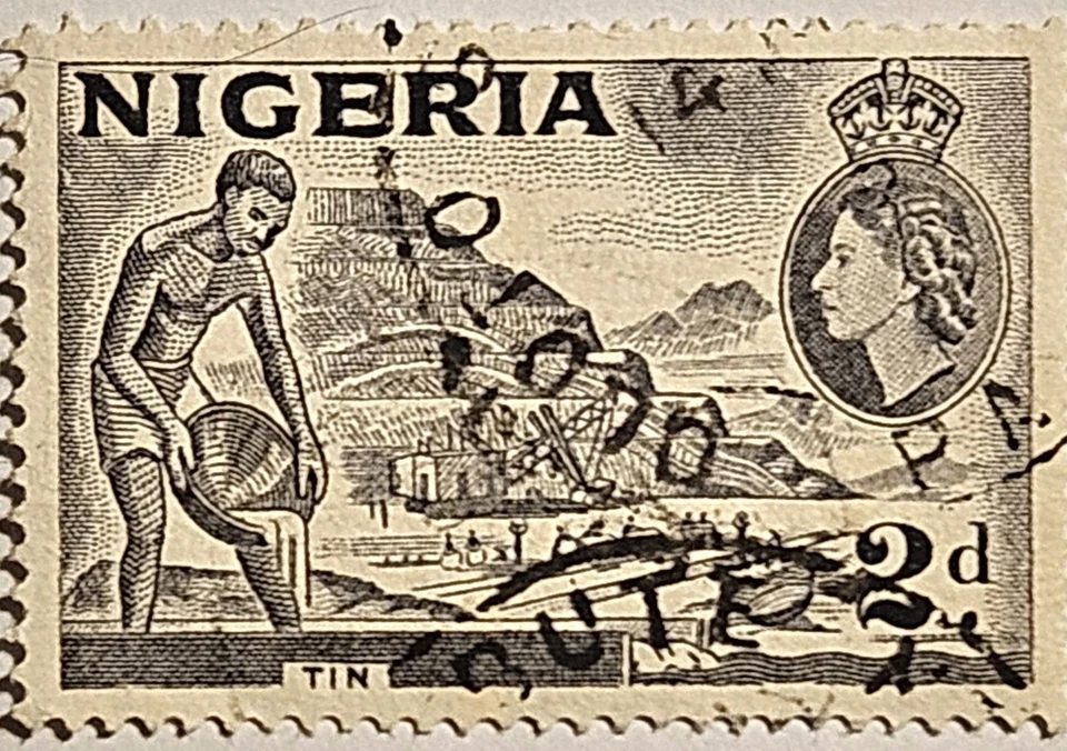 Nigeria 1953, "Tin Miner", sello usado de 2 peniques, Sc-#83, emisión QEII, ENVÍO GRATUITO Foto 1 de 4