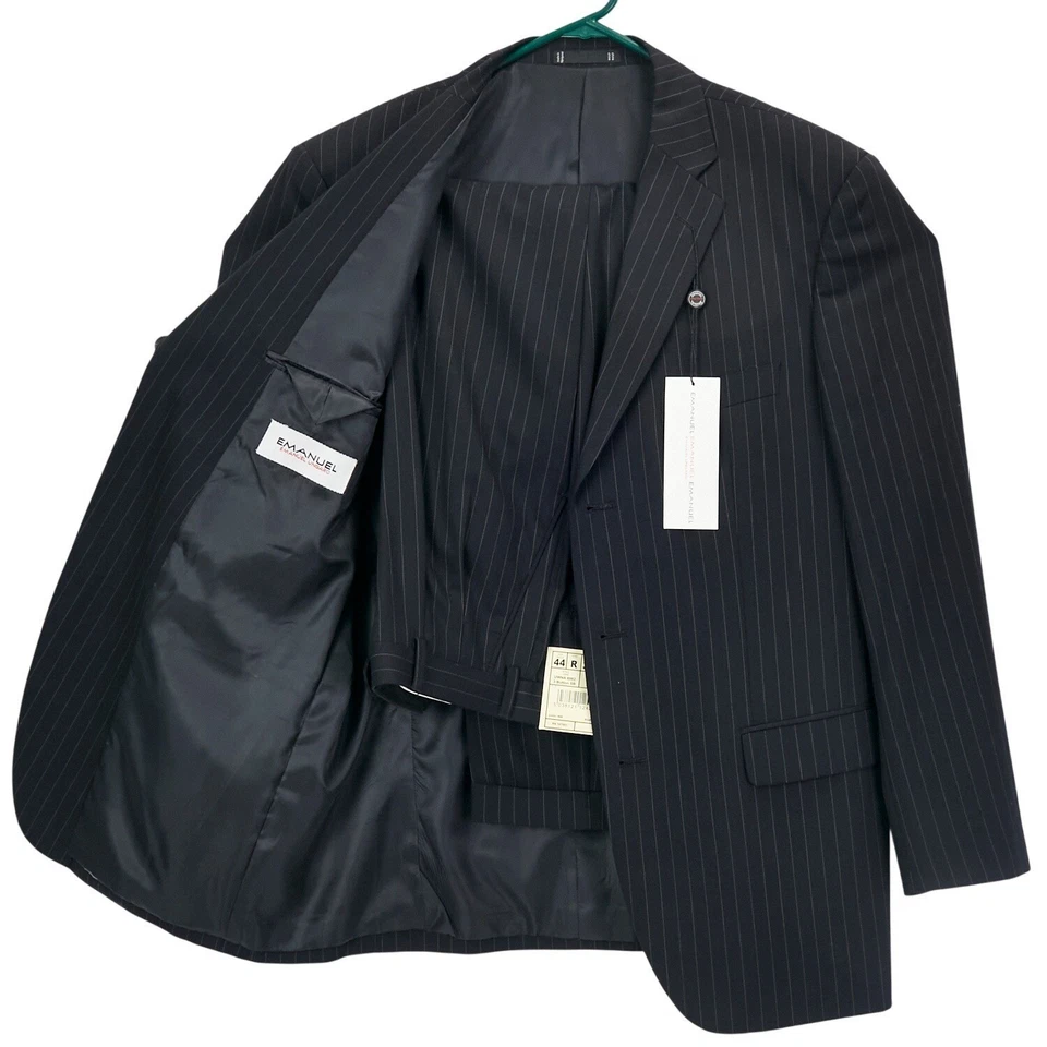 Emanuel Ungaro Emanuel 男式黑色细条纹羊毛套装 44R 夹克裤子 36W 2 件 — 第 1/4 张图片