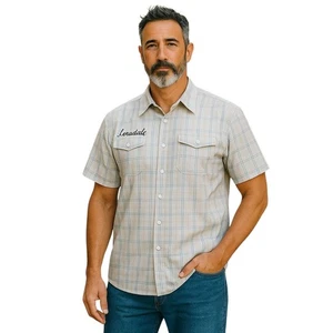 Lonsdale Short Sleeve Shirt Men Size XLarge Beige Check Casual Surf - Picture 1 of 13
