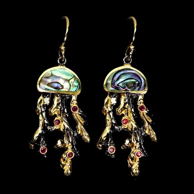 925 Sterling Silver Earrings Round Ruby Mop Jellyfish Gemstone No USA Import Fee - Image 1 of 4