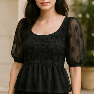 Old Navy Sheer Puff Sleeve Smocked Peplum Whimsigoth Dark Coquette Fairy Sz L - Picture 1 of 11