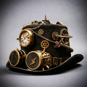 NEU schwarzgold Gothic Top Mütze Halloween mit Uhr Spike Kostüm Steampunk Brille - Bild 1 von 7