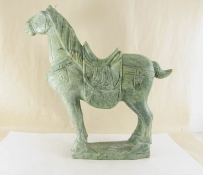 Vintage Chinese Carved Solid Jade Tang Saddled Horse Figurine - Image 1 of 4