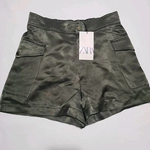 Zara Women's Satin Cargo Shorts NWT Olive Green Sz Medium - Picture 1 of 8