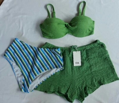 C&A Bikini Höschen High Panty Gr 40 Bügel BH Gr 85D + Musselin Shorts grün Neu - Bild 1 von 4