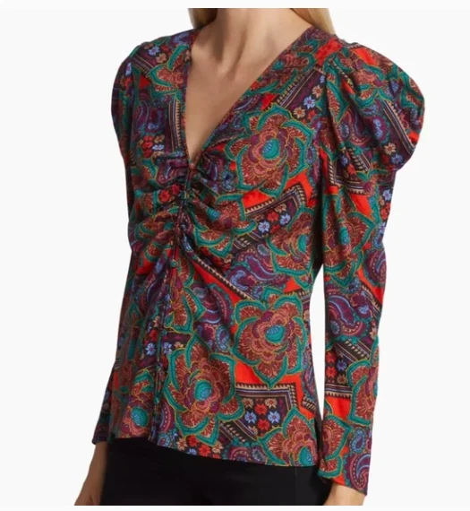 Blusa de seda Veronica Barba Mujer XS Talla 2 Top Botón Floral Paisley Manga abullonada Foto 1 de 4