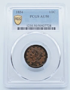 1854 Braided Hair Half Cent PCGS AU50 Gold Shield Label - U044 - Picture 1 of 6