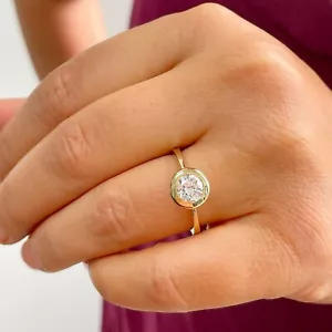 14k Solid Yellow Gold Round Cut Moissanite Engagement Ring Bezel Set 1.00ct - Picture 1 of 10