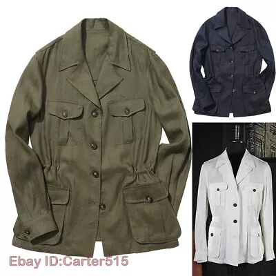 Men's Linen Jacket Hunting Lightweight Retro Casual Outdoor Workwear Jacket Top - Image 1 of 4