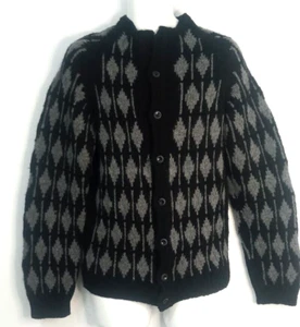 Handmade Strickjacke Pullover Herren S M Langarm Schwarz Grau Rauten Vintage - Bild 1 von 8