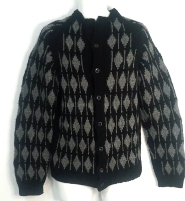 Men's Vintage Handmade Cardigan Sweater S M Long Sleeve Black Gray Diamond - Image 1 of 4