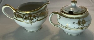 Nippon kleine Zuckerdose und Milchkännchen weiß mit goldenen Details Japan handbemalt - Bild 1 von 15