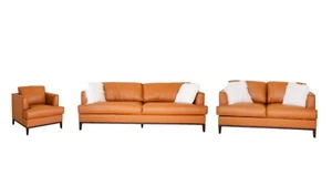 Premium 3-Piece Sofa Set, Top-Grain Leather Upholstered Living Room Set, Cognac - Picture 1 of 8