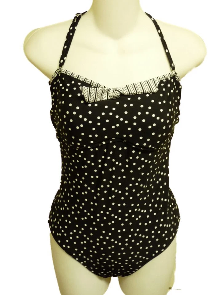 Tropical Escape Women Black White Polka Dot Halter Swim Suit Swimming Bathing - Изображение 1 из 1