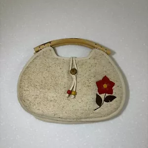Handmade Purse Women’s Cotton Bag And Wood Handle Embroidered Flower - Picture 1 of 10