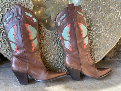 Botas Vaqueras Diba Western 6.5 Cuero Pull-On Mariposa Vaquera Turquesa Marrón Foto 1 de 4