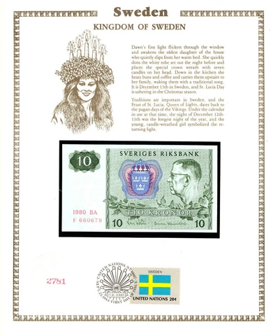 Sweden 10 Kronor 1980 P-52e UNC w/FDI UN FLAG STAMP Serie BA F660679 Cover