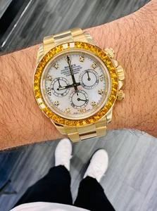 Rolex Daytona 116528 18K Yellow Gold Cosmograph Custom Sapphire Bezel MOP Dial - Picture 1 of 13