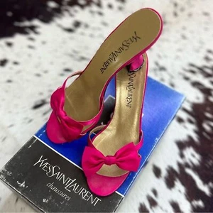 Vintage Yves Saint Laurent Pink Satin Bow Barbie Heels Sz 7 - Picture 1 of 8