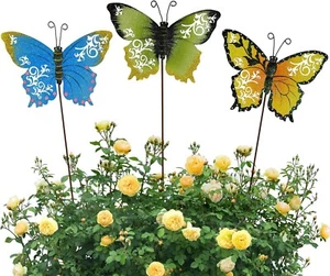 Metal Butterfly Garden Stakes Flower Pot Decorative Stake Set of 3 - Picture 1 of 7