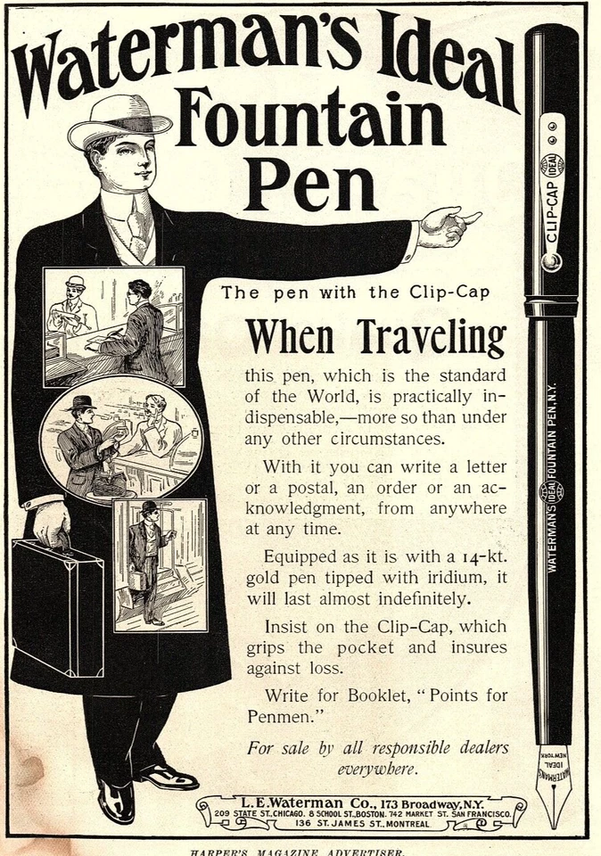 1906 WATERMAN'S IDEAL FOUNTAIN PEN BROADWAY NY QUAKER OATS  PRINT AD Z2533 - Image 1 of 3
