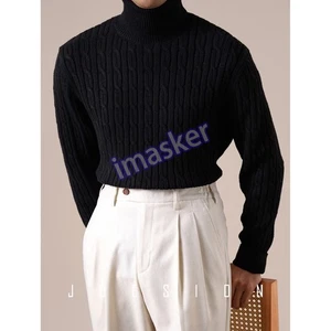 Men's Knitted Sweater High Neck Sweater Long Sleeved Long Sleeve Warm Loose Top - Picture 1 of 27