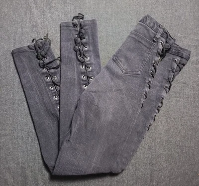 Jeans ajustados con cordones negros Frederick's Of Hollywood vintage años 80 90 góticos antiguos Foto 1 de 4