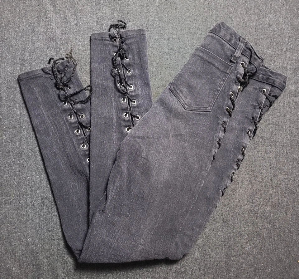 Jeans ajustados con cordones negros Frederick's Of Hollywood vintage años 80 90 góticos antiguos Foto 1 de 4