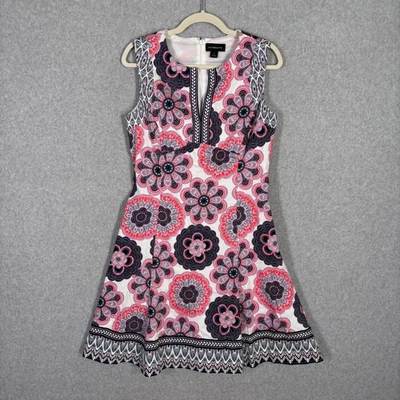 Liz Claiborne Mini Dress 6 Navy Pink Floral Mod 50s Twee Cotton Stretch Preppy - Image 1 of 4