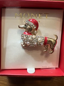 Monet Rhinestone Dog Brooch Dachshund Hound Dog Gold Tone - Picture 1 of 2