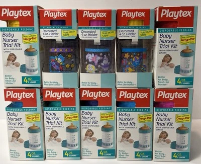 10 NEW Playtex Bottles w/ FLAT TOP Nipples Drop-In 4oz each Colorful VINTAGE 90s - Image 1 of 4