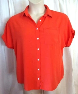 Reg Size L Orange Button Up Blouse Top Rayon Short Sleeves Pocket - Picture 1 of 4