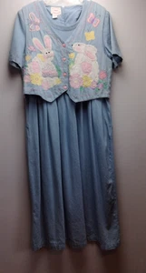 Country Wear Easter Bunny Embroidered Denim Dress Blue Size 12 Vintage - Picture 1 of 5