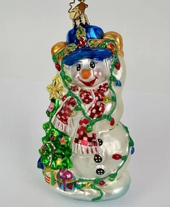 Radko SNOWMAN GLOWMAN Glass Christmas Tree Ornament Tangled Lights Checked Scarf - Picture 1 of 5