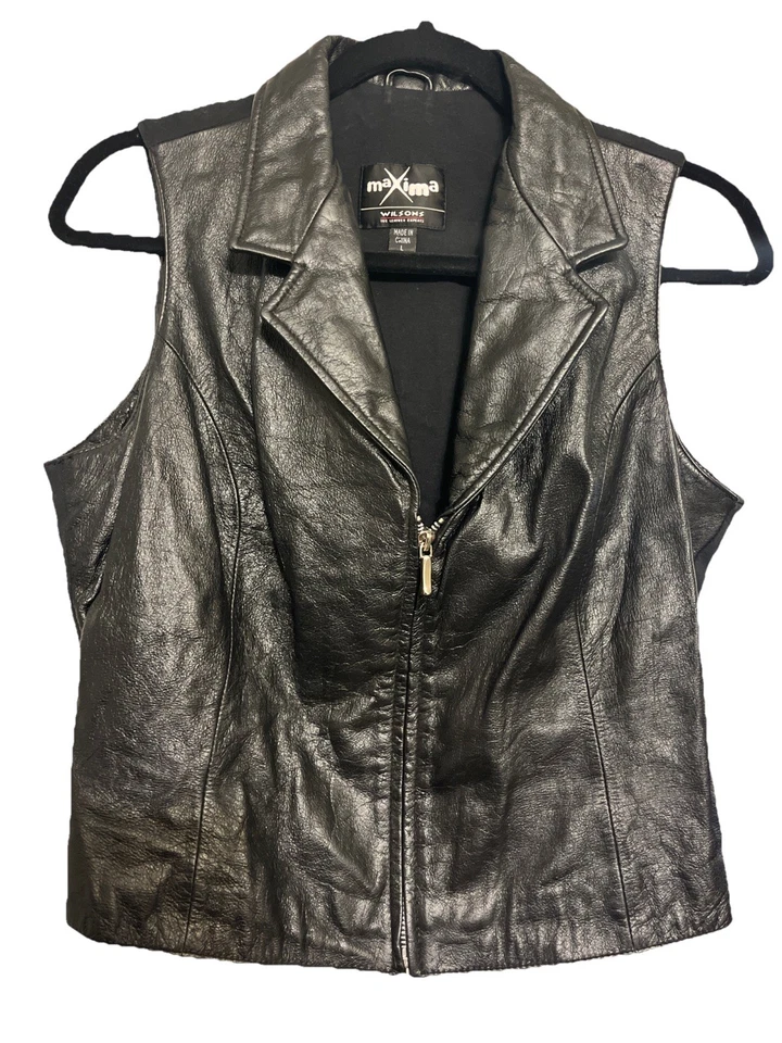Chaleco Máxima Wilsons Para Mujer Talla Grande Negro Cremallera Cuello 100% Cuero Años 90 Y2K Foto 1 de 4