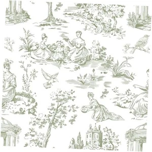 Toile Wallpaper Peel and Stick Vintage French Country 17.7" x 118" Green - Picture 1 of 8