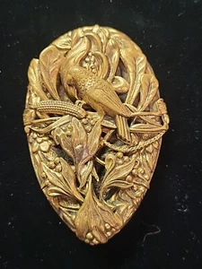 Spilla antica vittoriana repousse ottone oro spilla pappagallo dettagliata art nouveau grande - Foto 1 di 10
